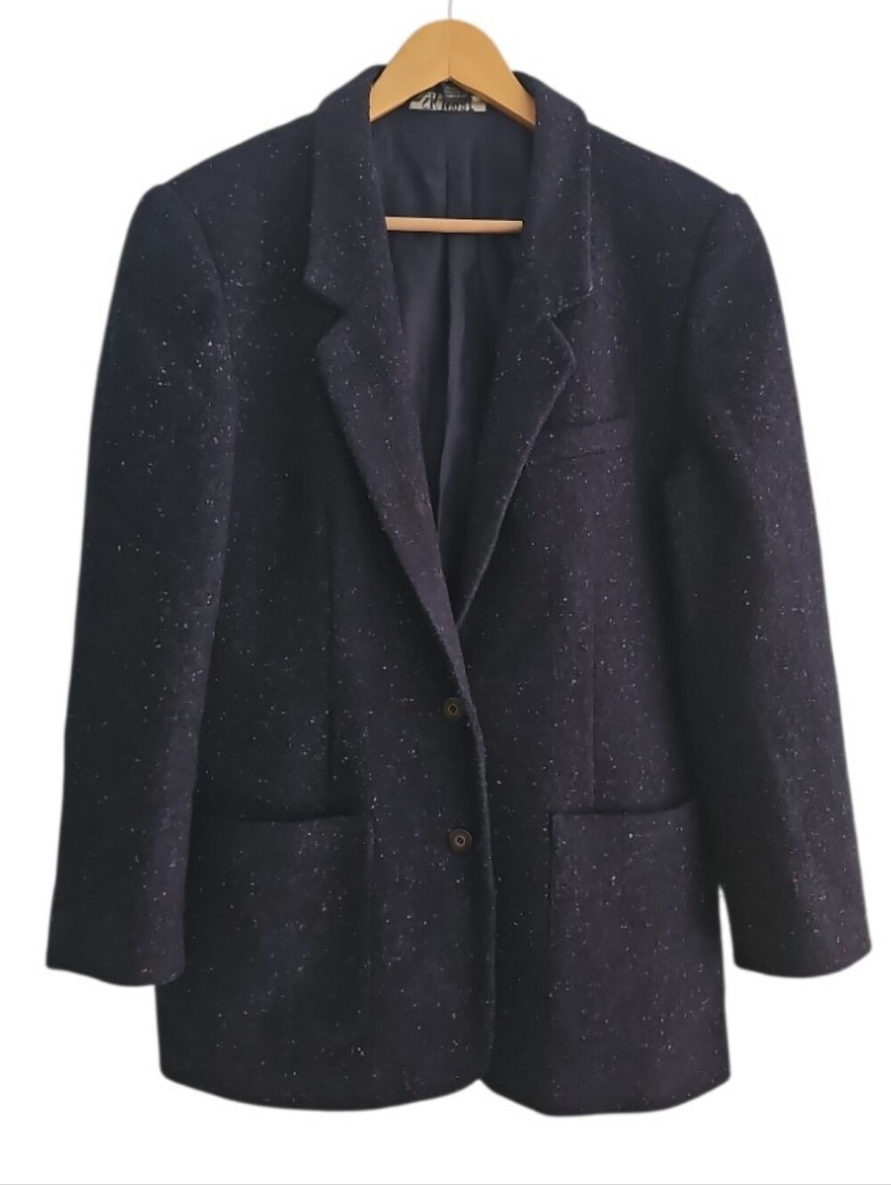 SK Wear Vintage Wool Blend Tweed Speckled Blazer Women’s L Navy Academia Jacket